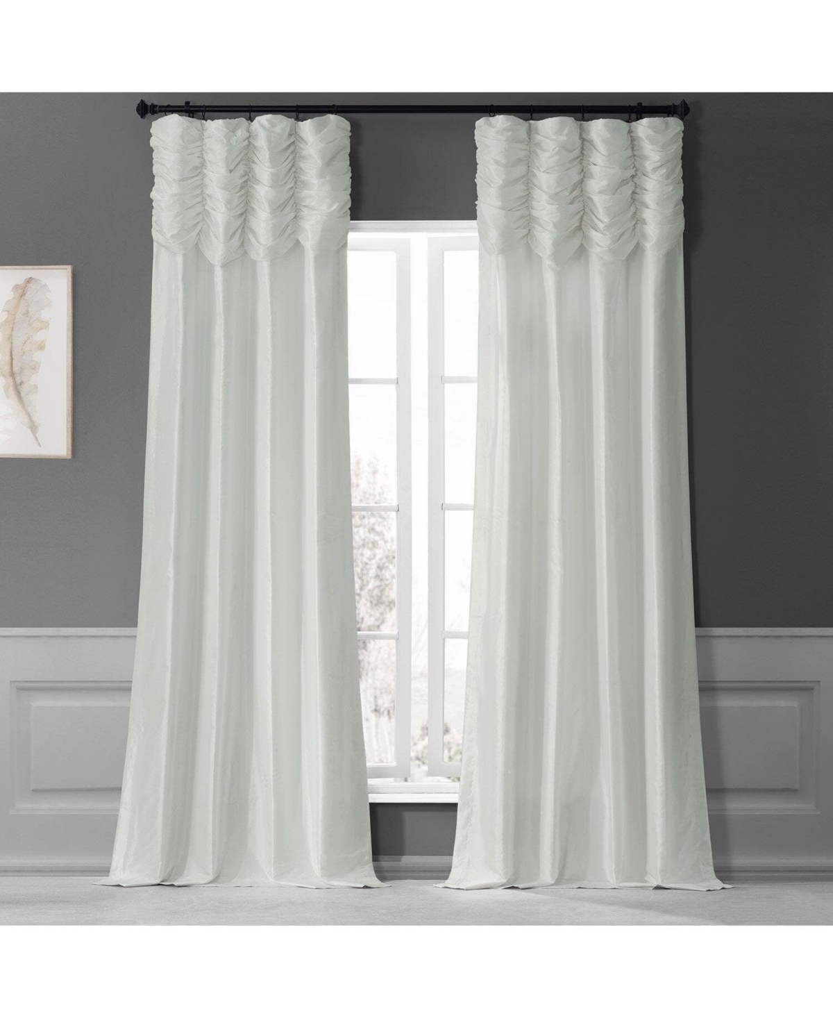Half Price Drapes Eggshell Ruched Solid Faux Silk Taffeta Room Darkening Curtain In White