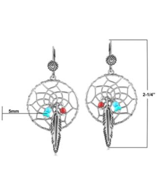 Sterling Silver Kingman Turquoise and Red Coral Dreamcatcher Feather Dangle Earrings
