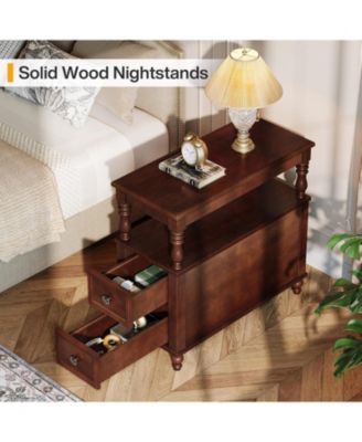 Solid Wood Nightstand with 2 Drawers, Mid-Century Modern Night Stand with Open Shelf, Vintage Bedside Table for Bedroom, Easy to Assemble (Dark Cherry Wood Color)