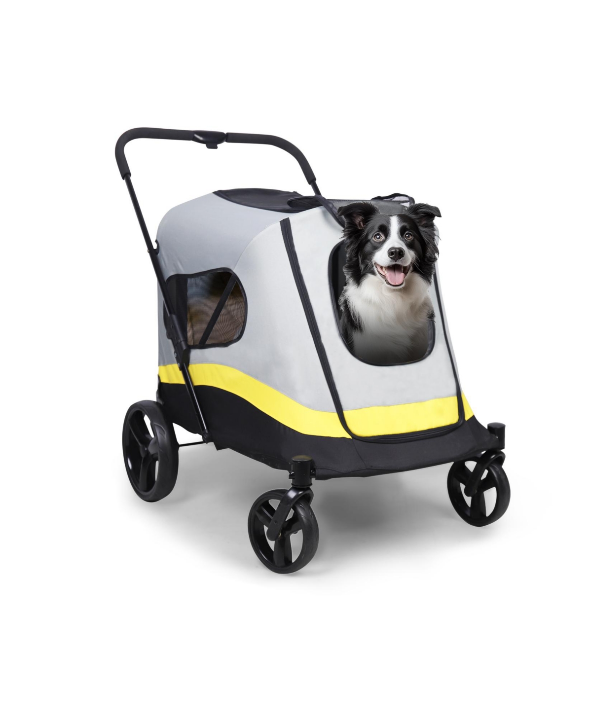 4 Wheel Medium-Large Dog Stroller With 3 Zipper Doors - Grey