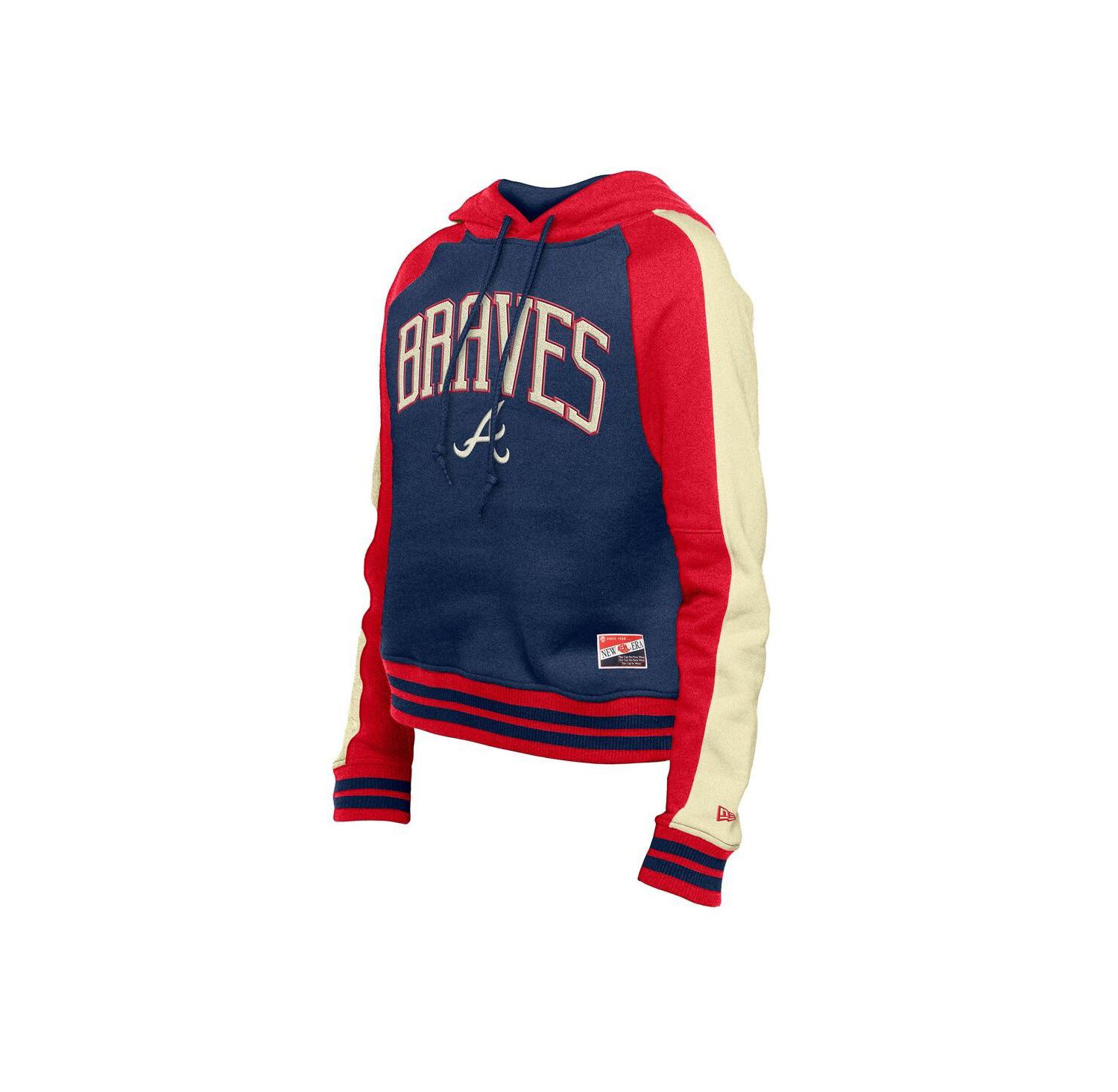 Women's Navy Atlanta Braves Cooperstown Collection Cropped Raglan Pullover Hoodie
