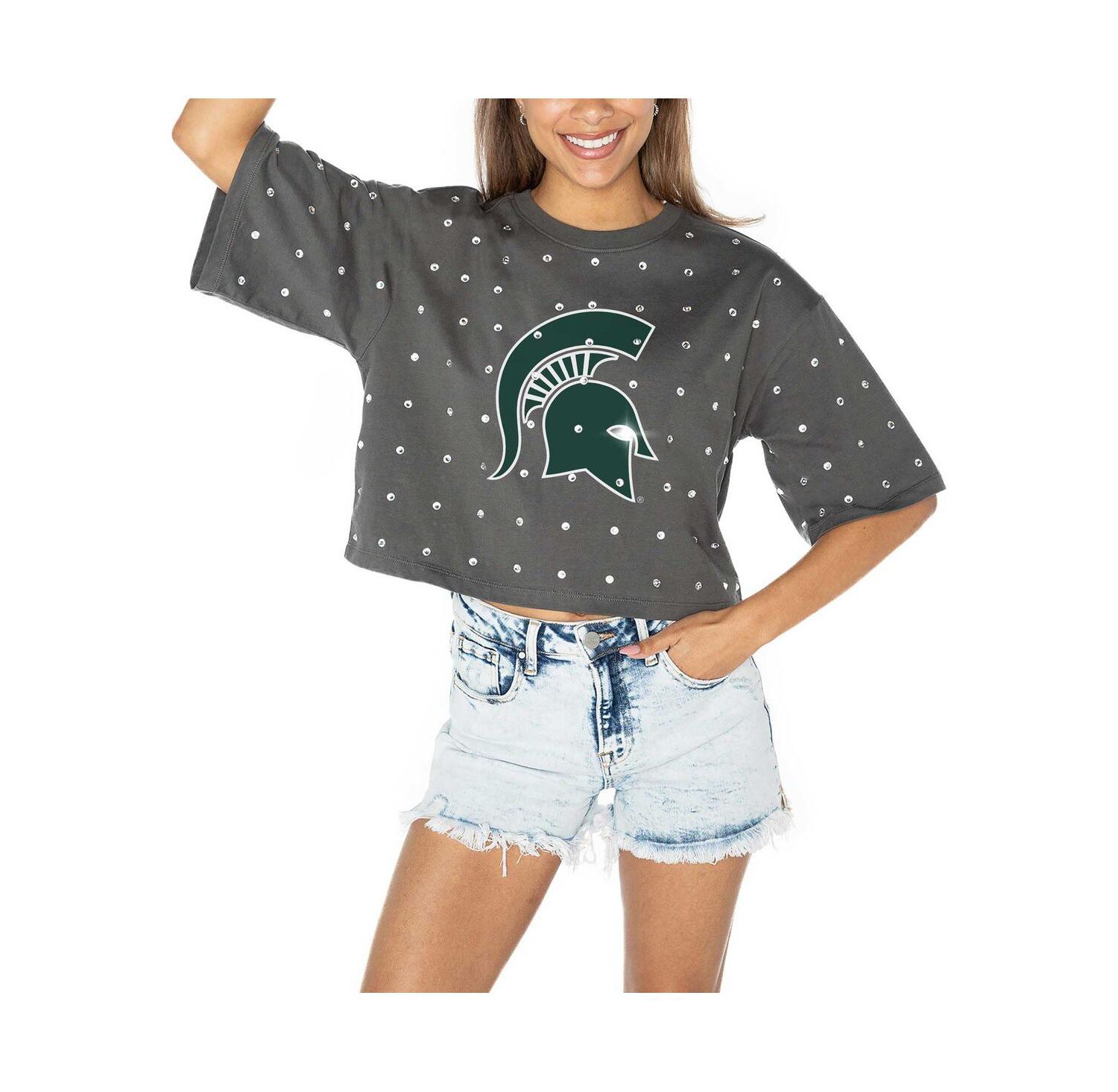 Women's Gray Michigan State Spartans Go Time Rhinestone Crop T-Shirt