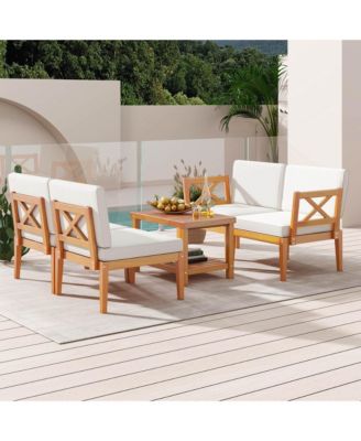 5 PCS Acacia Wood Patio Furniture Set with Cushions and 2-Tier Coffee Table