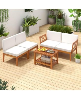 5 PCS Acacia Wood Patio Furniture Set with Cushions and 2-Tier Coffee Table