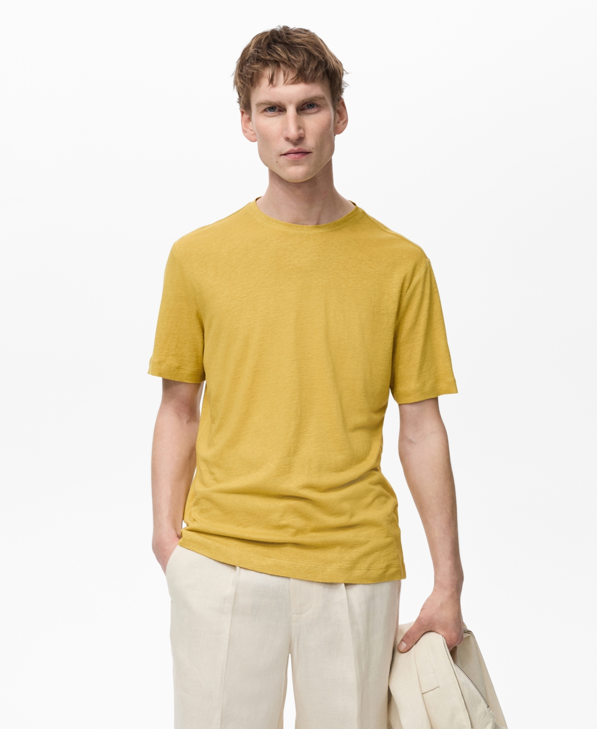 Mango Slim Fit Linen Blend T-shirt In Yellow