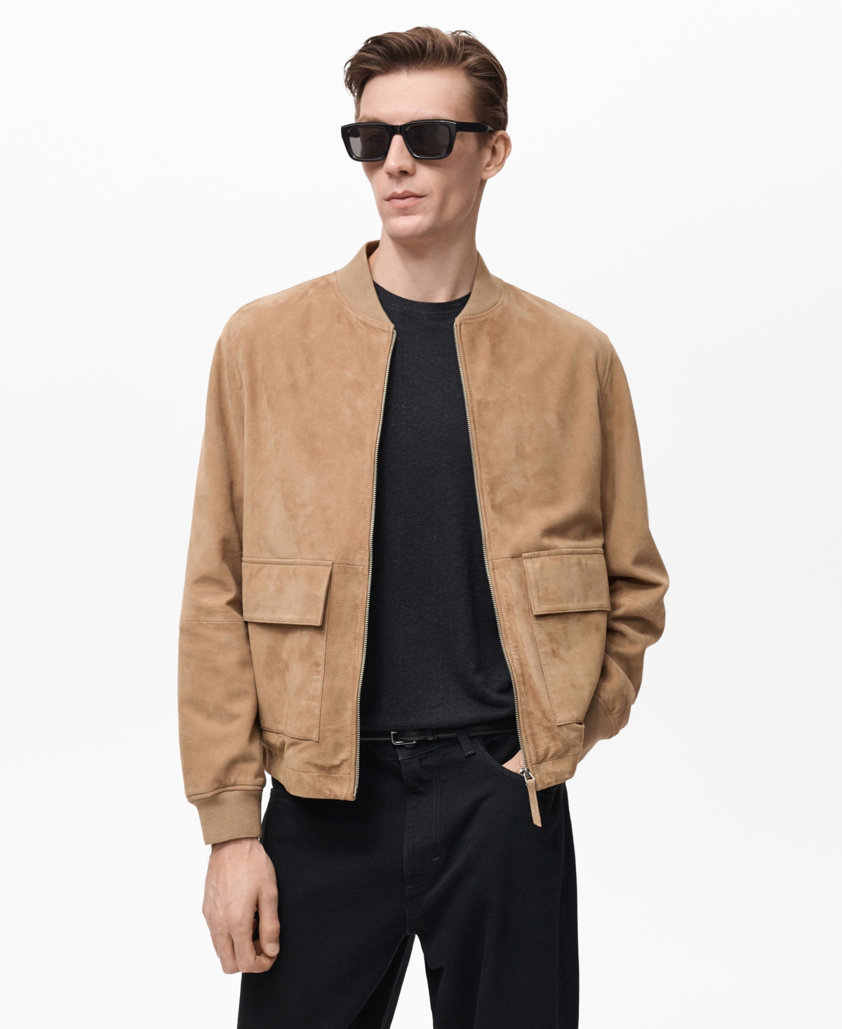 Men's Suede Leather Bomber Jacket - Beige