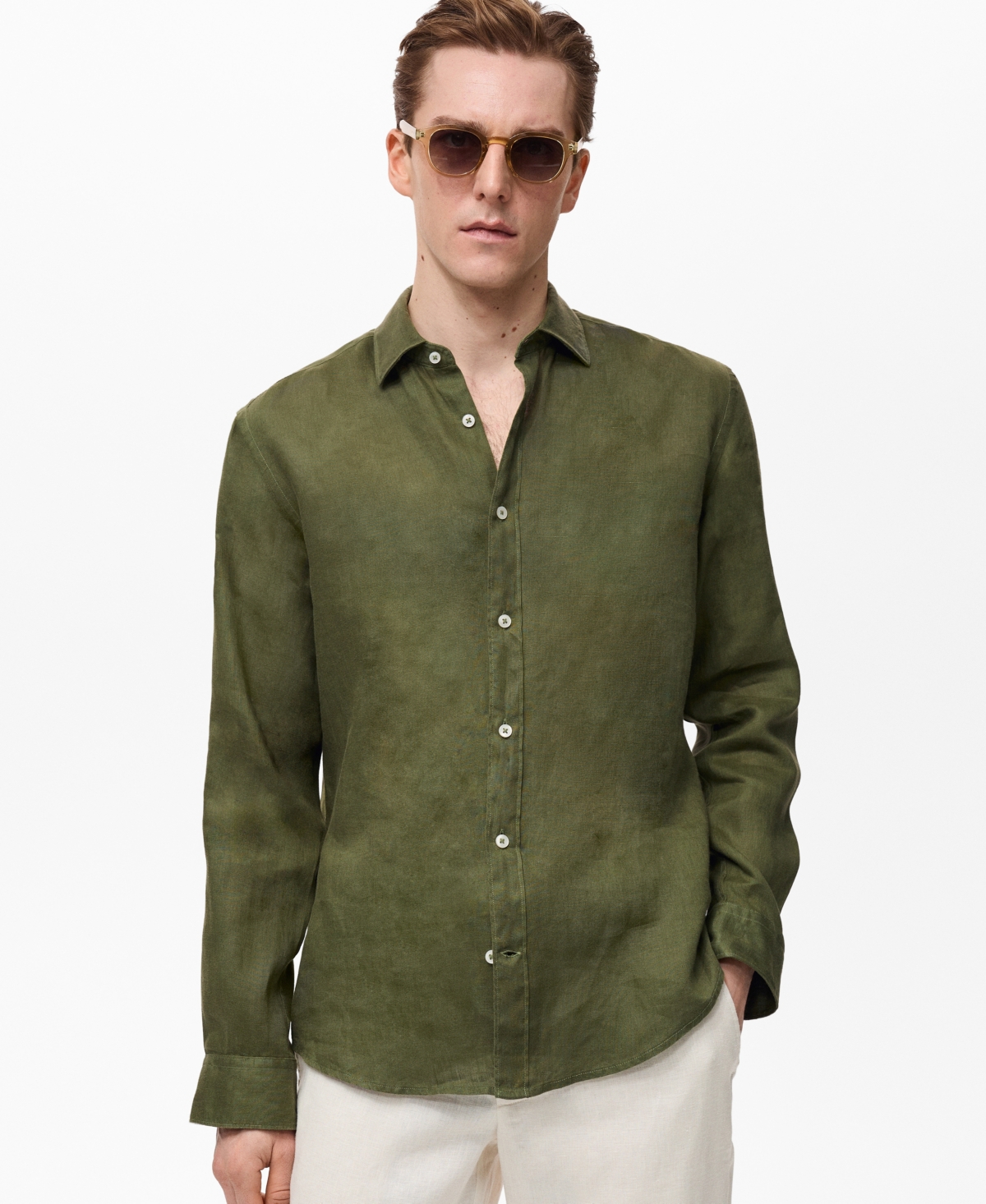Mango Regular Fit Linen Button-up Shirt In Green