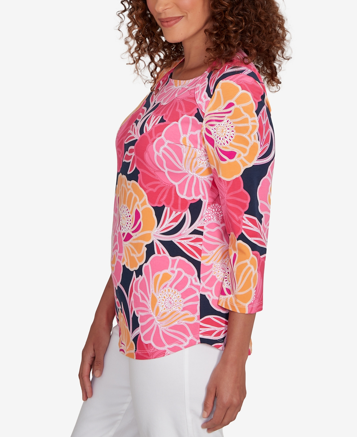 Ruby Rd. Petite Bold Poppies Envelope Neck Top In Multi