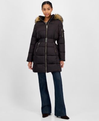 Michael Kors - Women's Belted Hooded Faux-Fur-Trim Puffer Coat