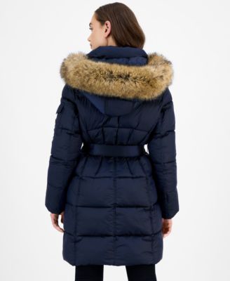 Women's Belted Hooded Faux-Fur-Trim Puffer Coat