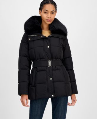 Women's Belted Hooded Faux-Fur-Collar Puffer Coat, Exclusively at Macy's