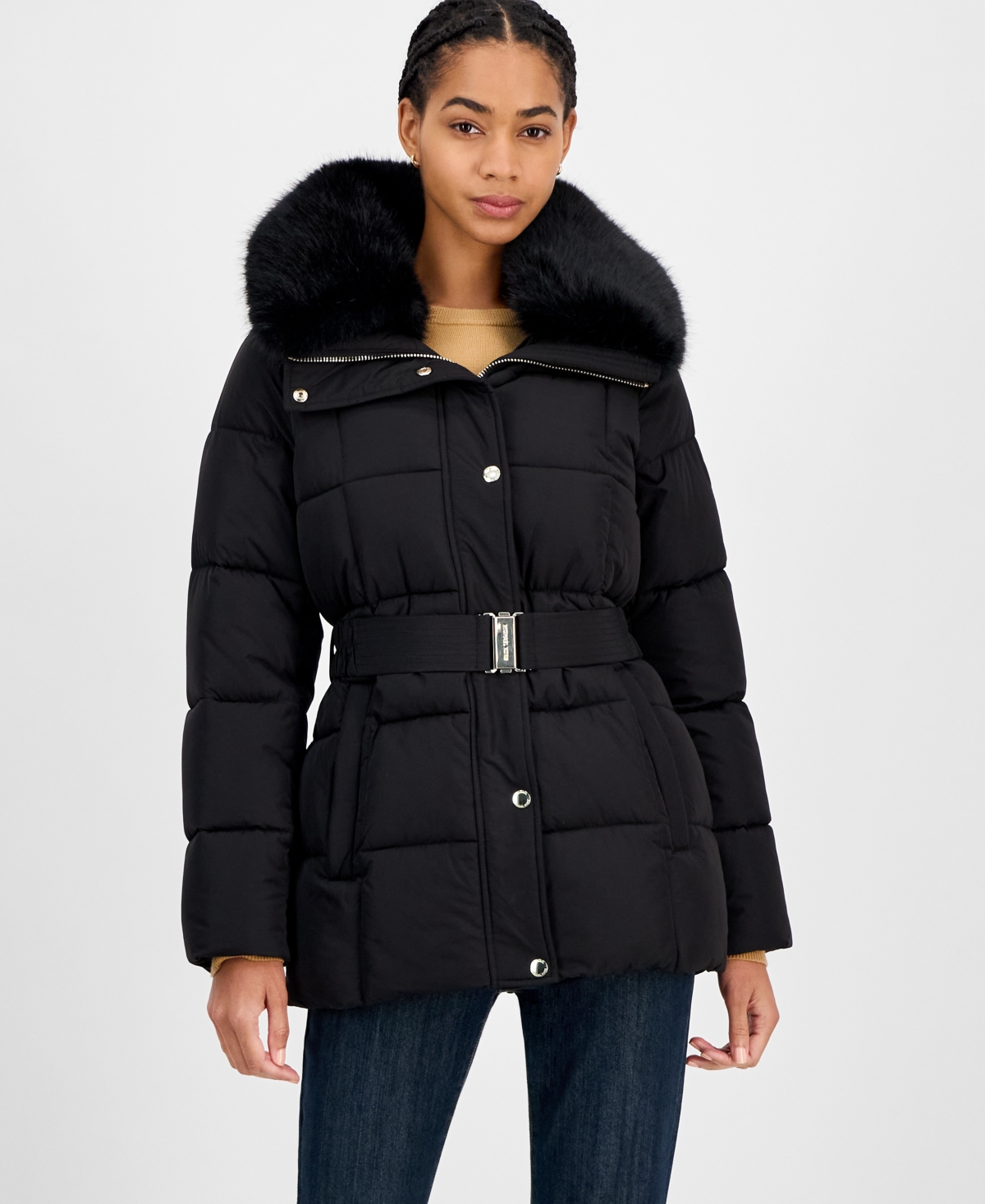Michael Kors Women's Belted Hooded Faux-Fur-Collar Puffer Coat, Exclusively at Macy's