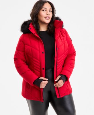 Plus Size Faux-Fur-Trim Hooded Puffer Coat, Exclusively at Macy's