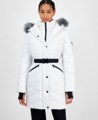 Michael Kors - Women's Faux-Fur-Trim Hooded Belted Puffer Coat