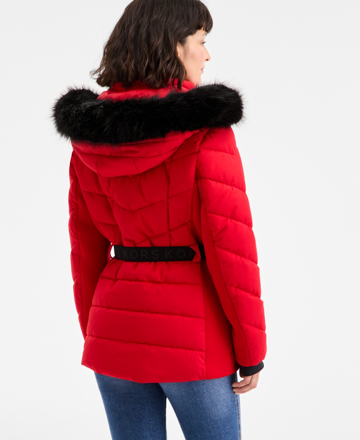 Michael Kors Michael  Women's Faux-fur-trim Hooded Puffer Coat In Red