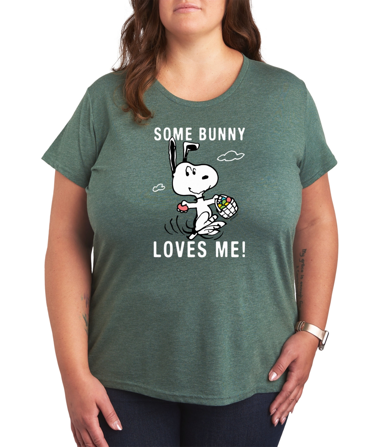 Hybrid Apparel Plus Size Peanuts Some Bunny Loves Me Easter Graphic T-shirt In Green