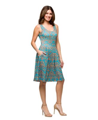 Women's Sky Blue Sleeveless Pleated Knee Length Pocket Dress