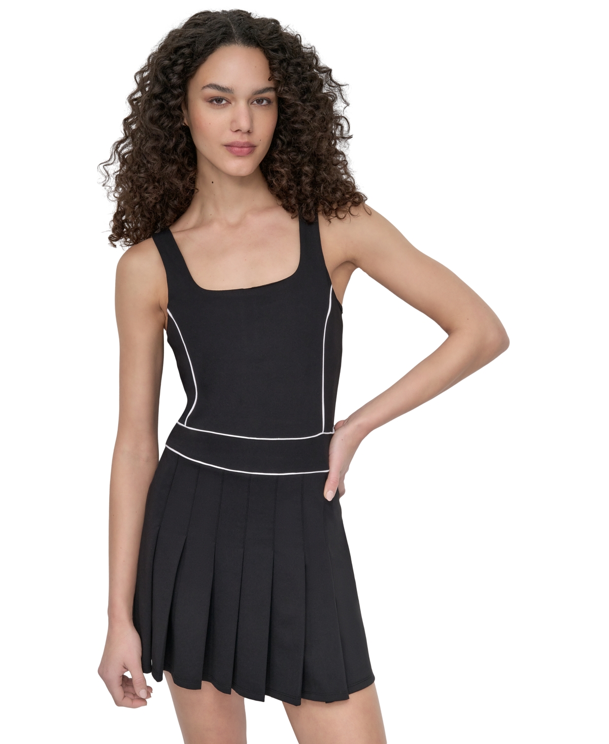 Dkny Sport Women's Contrast-piping Pleated Sleeveless Dress In Black