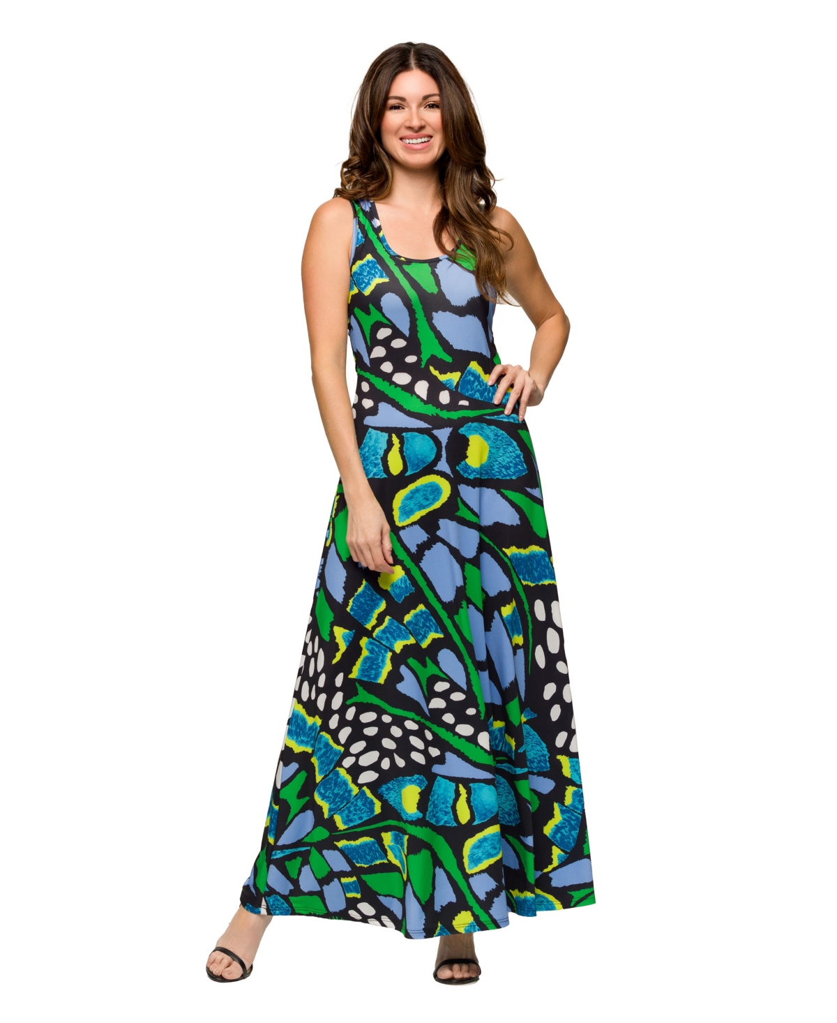 Women's Scoop Neck A Line Sleeveless Maxi Dress - Green Mult