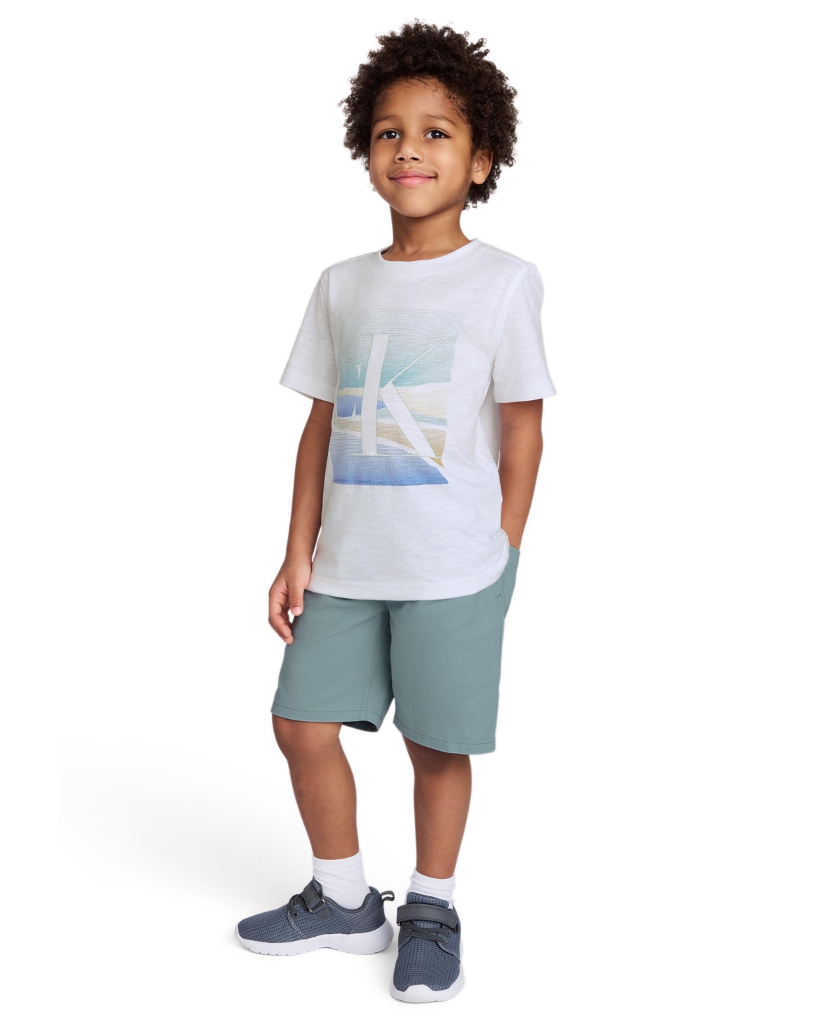 CALVIN KLEIN TODDLER AND LITTLE BOYS SCENIC LOGO SHORT SLEEVE TEE AND TWILL SHORTS, 2-PIECE SET 