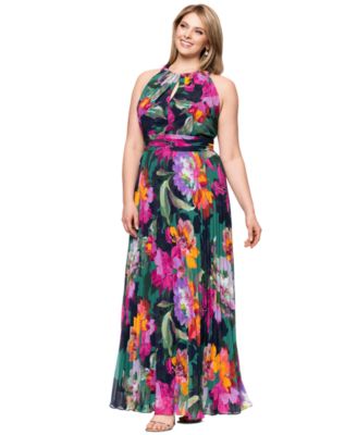 Plus Size Printed Halter-Neck Pleated Sleeveless Gown