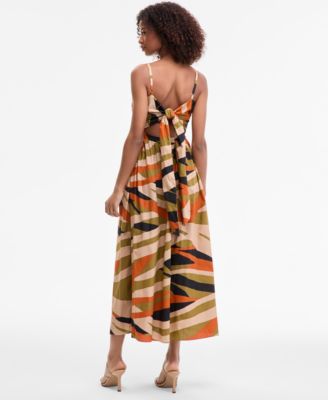 Women's Cotton Pleated-Bodice Tie-Back Midi Dress