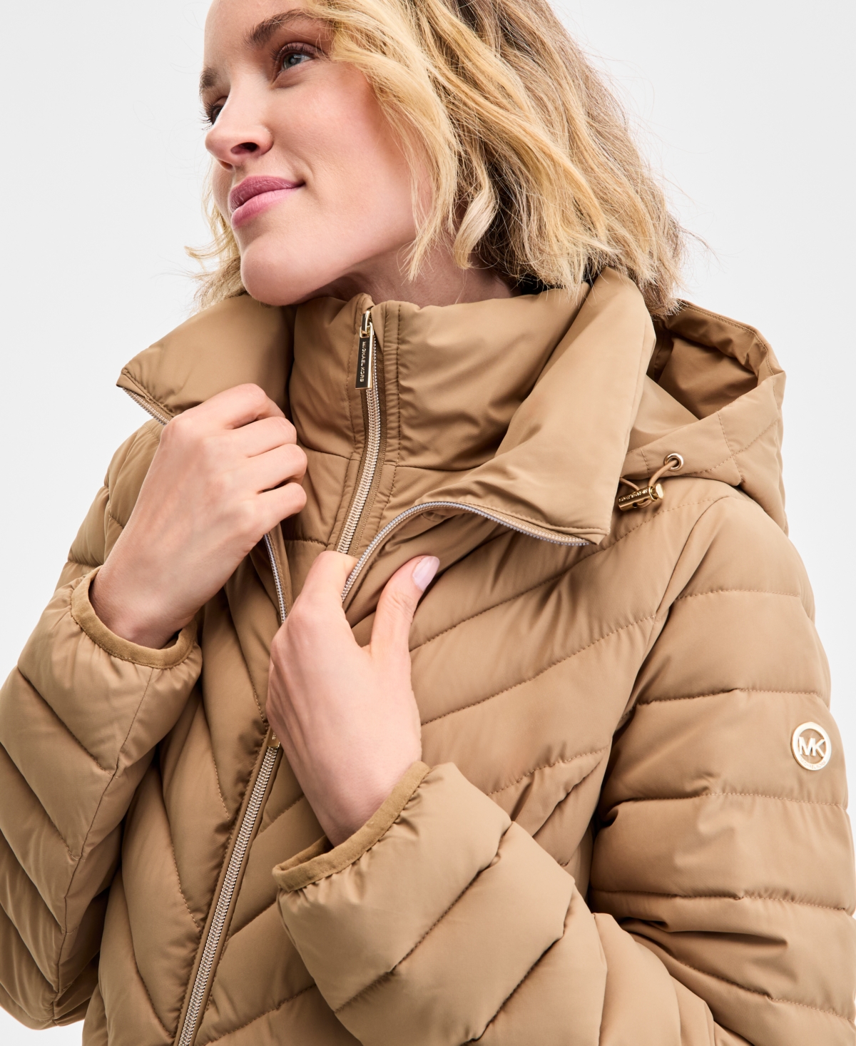 Michael Kors Michael  Petite Hooded Bibbed Puffer Coat In Brown