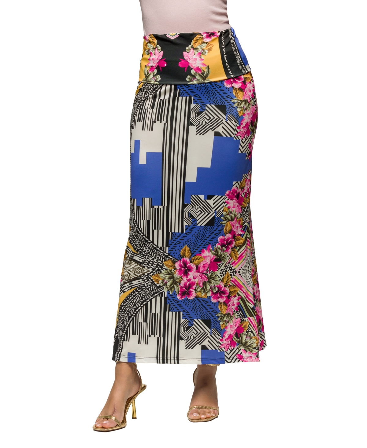 Women's Multicolor Floral Print Fold Over Waist Maxi Skirt - Blue Multi