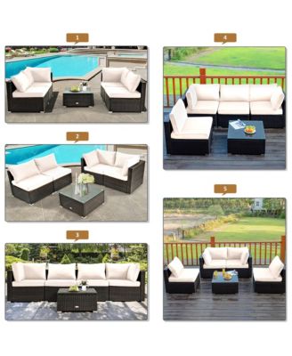 5PCS Patio Rattan Furniture Set Cushioned Sofa Chair Coffee Table
