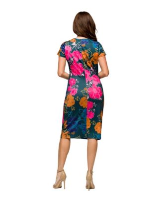 Women's Floral Knee Length Short Sleeve Faux Wrap Dress