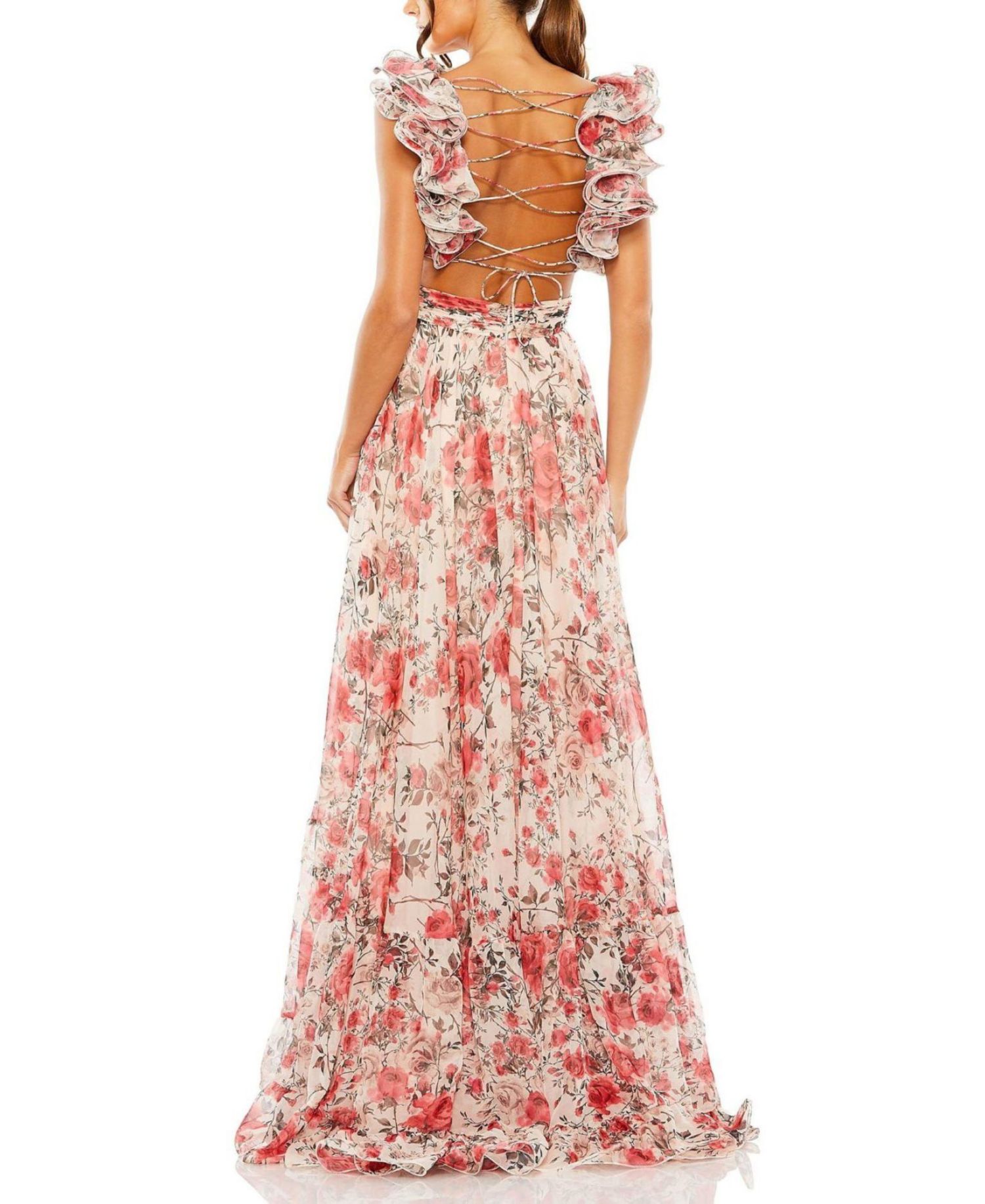 Women's Ruffle Tiered Floral Cut-Out Chiffon Gown