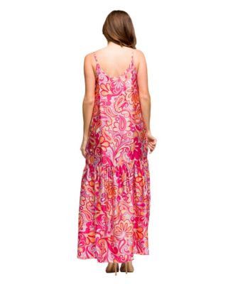 Women's Pink Print Lightweight Spaghetti Strap Pocket Maxi Dress