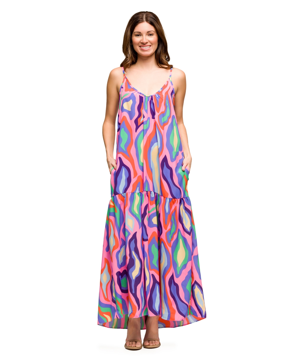 Women's Multicolor Lightweight Spaghetti Strap Pocket Maxi Dress - Purple Mul