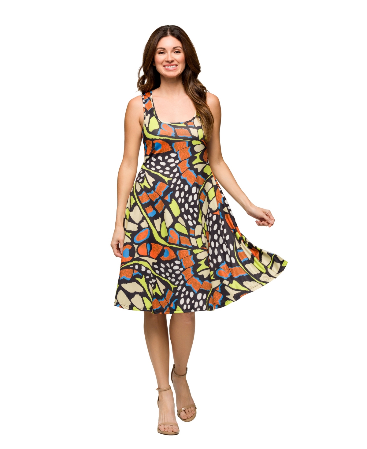 Women's Sleeveless Knee Length Tank Swing Dress - Orange Mul