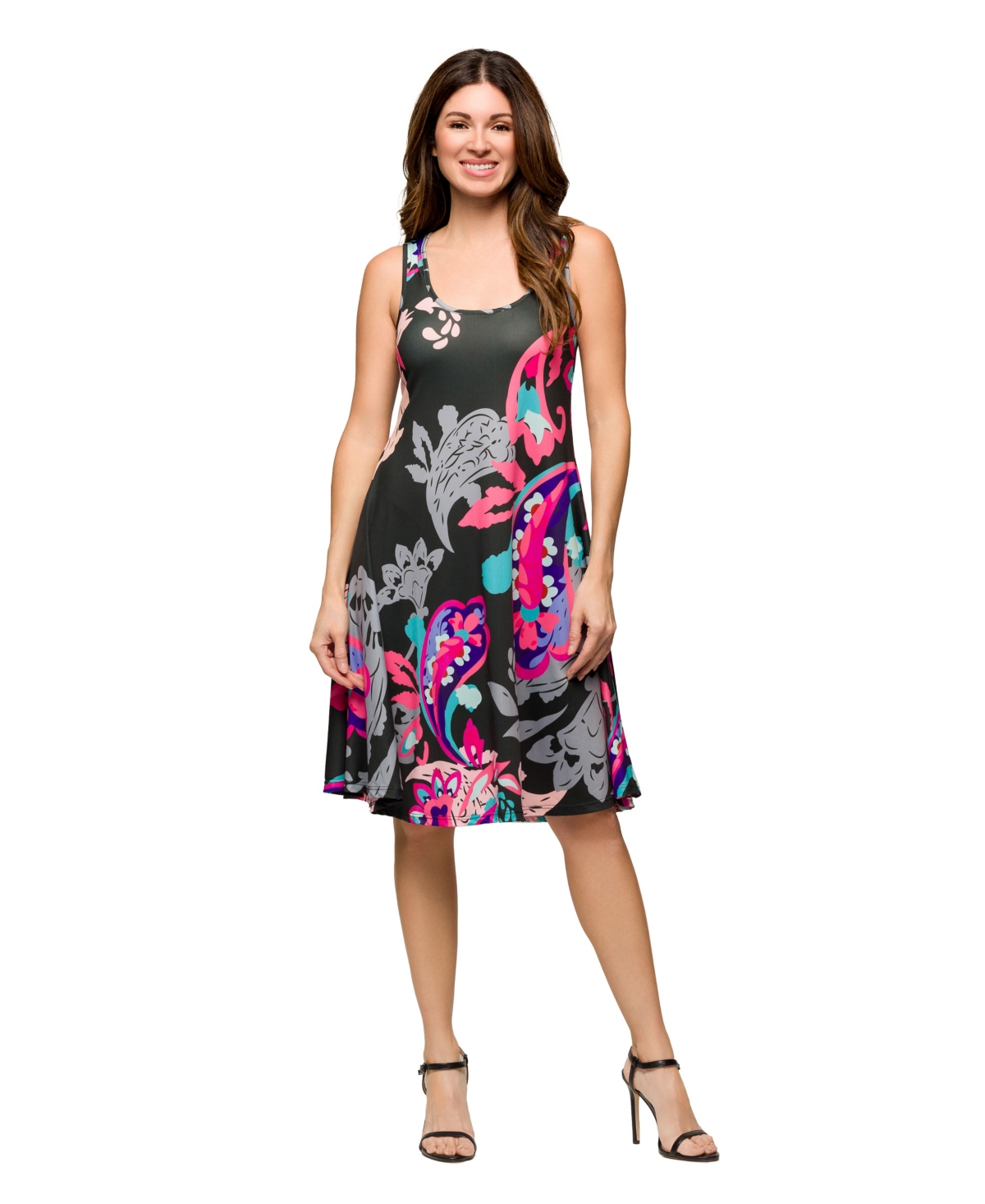 Women's Pink Paisley Print Sleeveless Knee Length Tank Swing Dress - Pink Multi