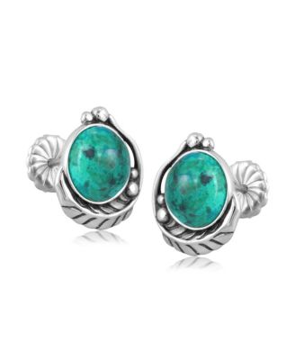 Sterling Silver Chrysocolla Leaf Design Button Earrings