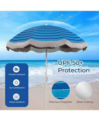 6.5 FT Beach Umbrella w/ Fringe Tassel Umbrella w/ Push Button Tilt Sand Anchor