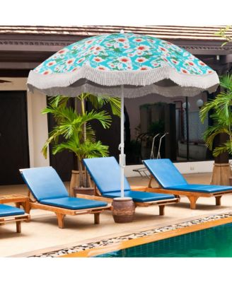 6.5 FT Beach Umbrella w/ Fringe Tassel Umbrella w/ Push Button Tilt Sand Anchor