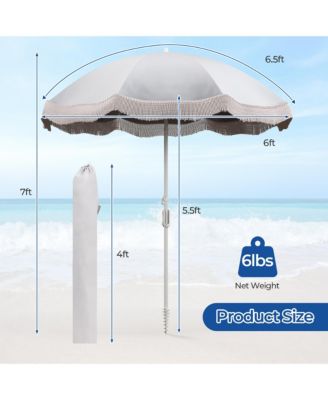6.5 FT Beach Umbrella w/ Fringe Tassel Umbrella w/ Push Button Tilt Sand Anchor