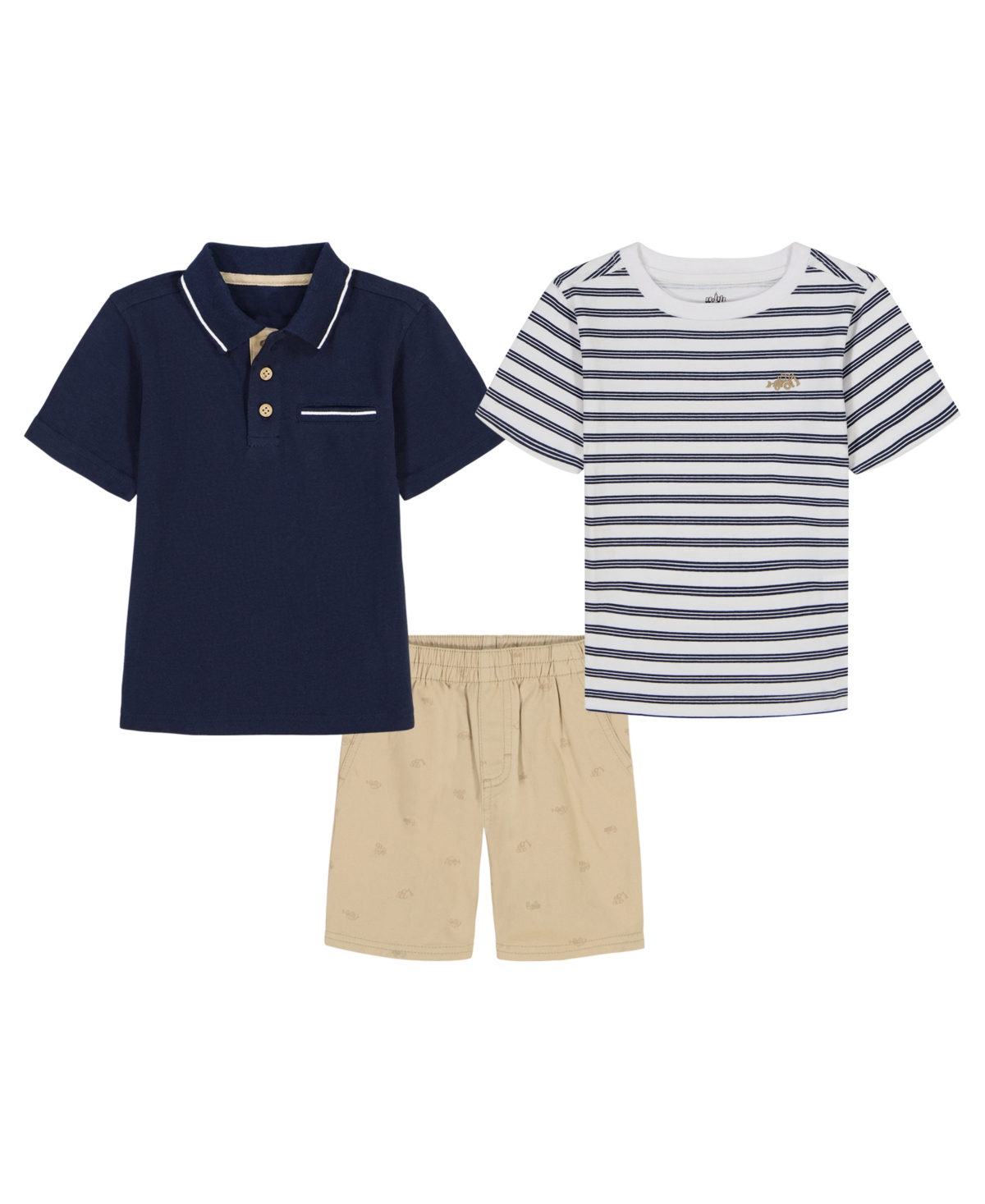 Kids Headquarters Toddler And Little Boys 3-piece Tipped Polo Shirt, Striped T-shirt And Printed Twill Shorts Set