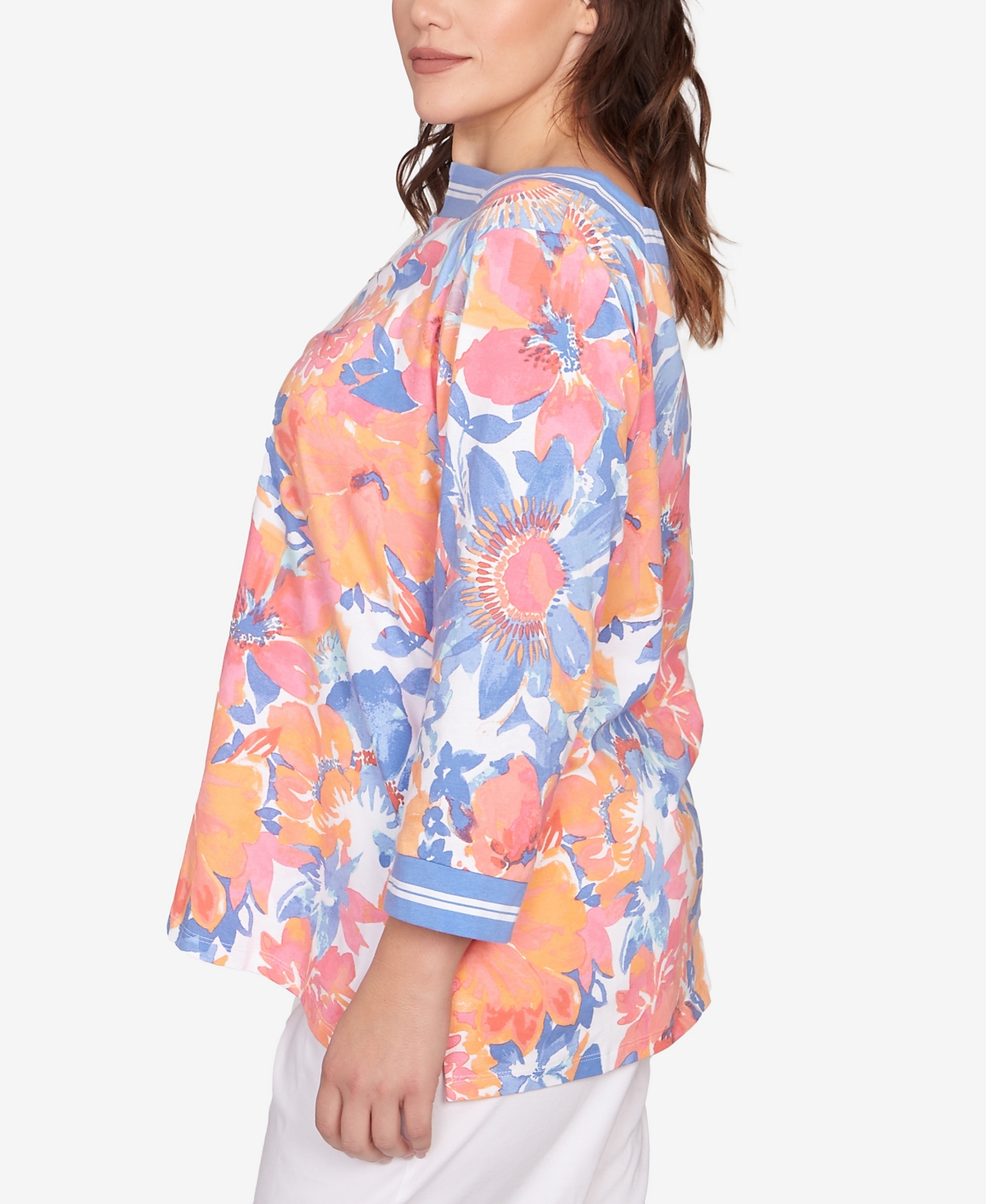 Ruby Rd. Plus Size Floral Striped Trim Top