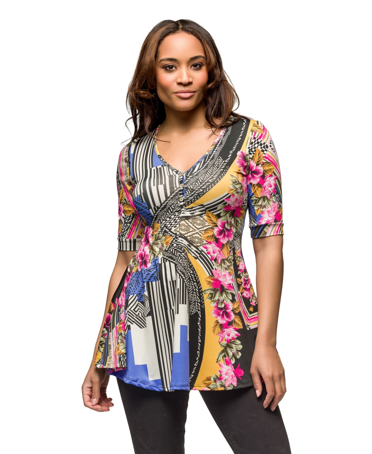 Women's Multicolor Floral Print Elbow Sleeve V-Neck Henley Tunic Top - Blue Multi