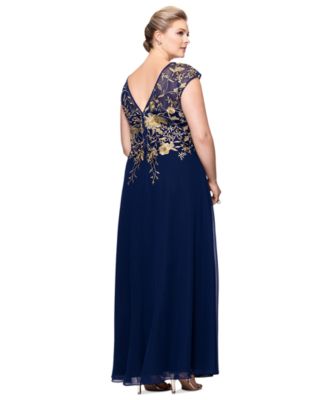 Plus Size Metallic-Embroidered A-Line Gown