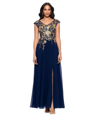 Betsy & Adam - Women's Embroidered V-Neck Front-Slit Gown