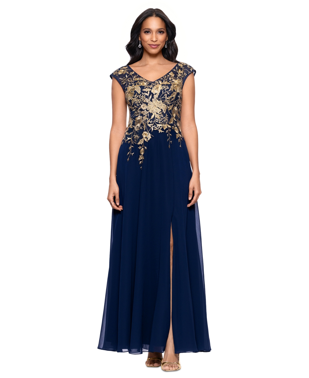 Women's Embroidered V-Neck Front-Slit Gown - Navy/Gold