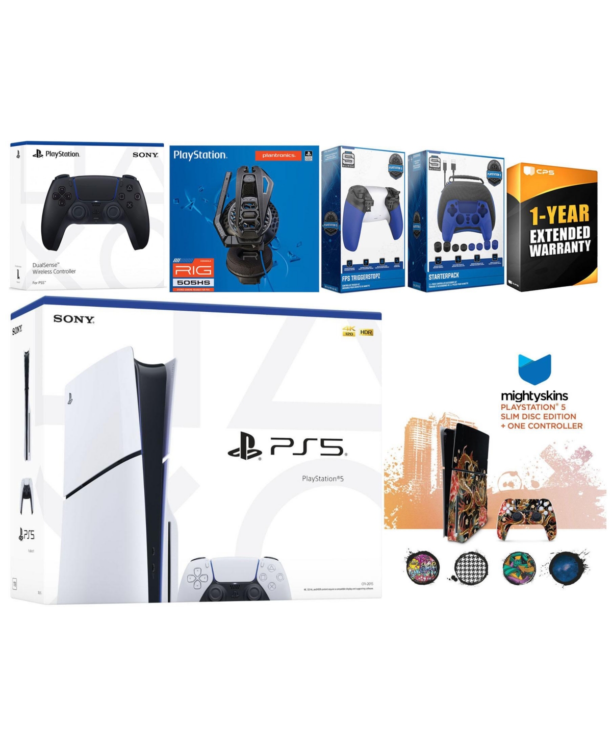 Sony Playstation 5 Slim Disc with Extra Controller, Plantronics Headset, Gamer Kit, Trigger Kit and MightySkins Decal Voucher + 1 Year Cps Extended Wa
