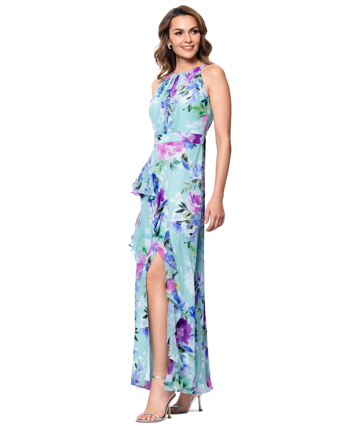 BETSY & ADAM BETSY & ADAM PETITE PRINTED HALTER-NECK RUFFLED SLEEVELESS GOWN 