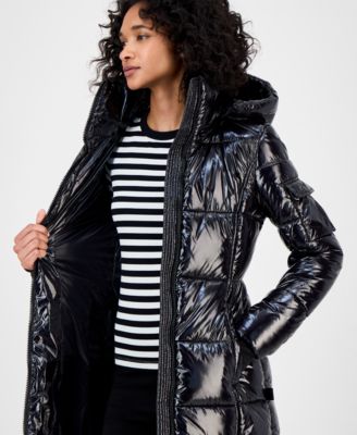 Women's Hooded Thumbhole-Cuff Shine Puffer Coat