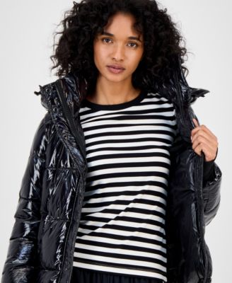 Women's Ella Hooded Thumbhole-Cuff Shine Puffer Coat