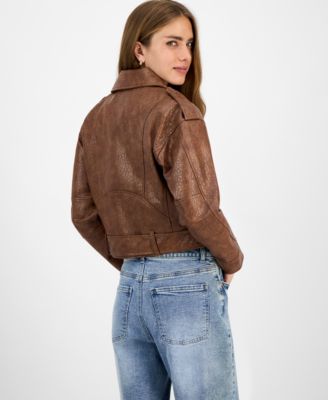 Juniors' Faux-Leather Belted Jacket